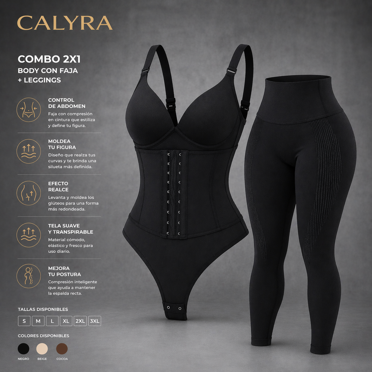 2 Bodys Modeladores + Calza Push Up CALYRA de Regalo