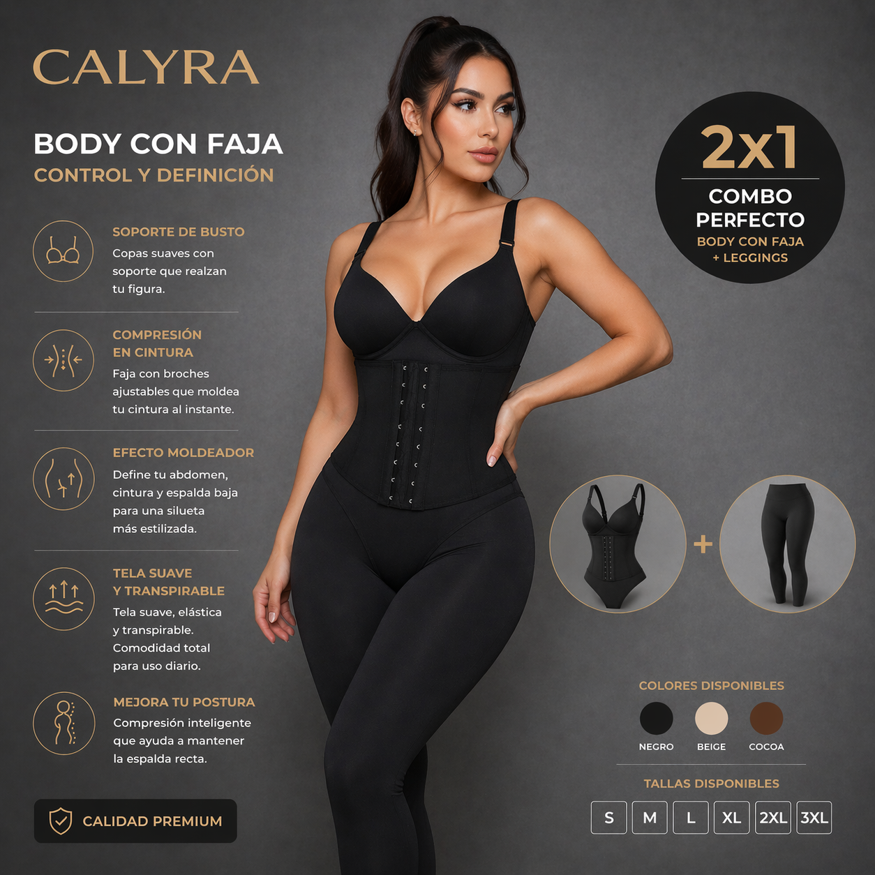 2 Bodys Modeladores + Calza Push Up CALYRA de Regalo